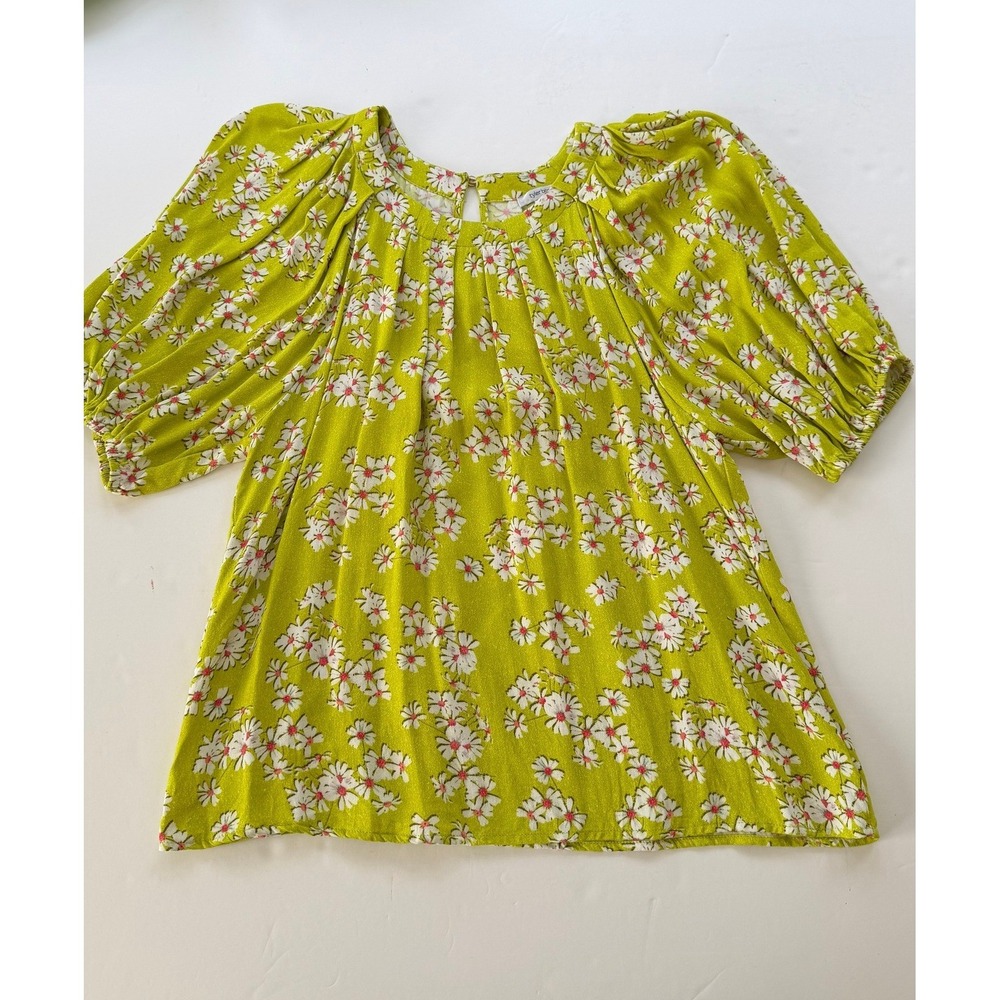 Tyler Boe Chartreuse Green Daisy Floral Puff Sleeve Pleated Blouse XL Womens